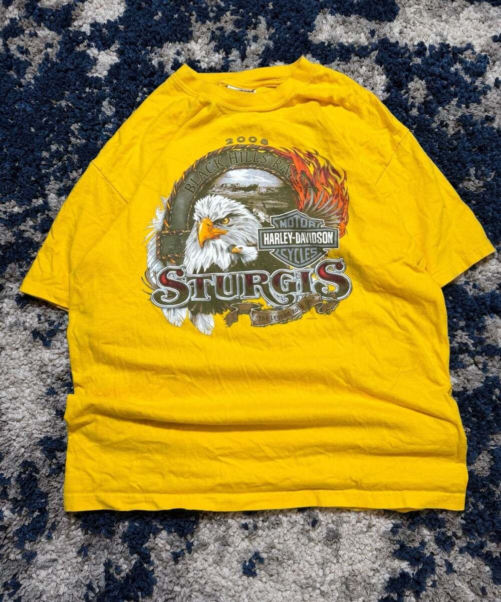 Vintage 2008 Harley-Davidson Sturgis Black Hills Rally Yellow Graphic T-Shirt